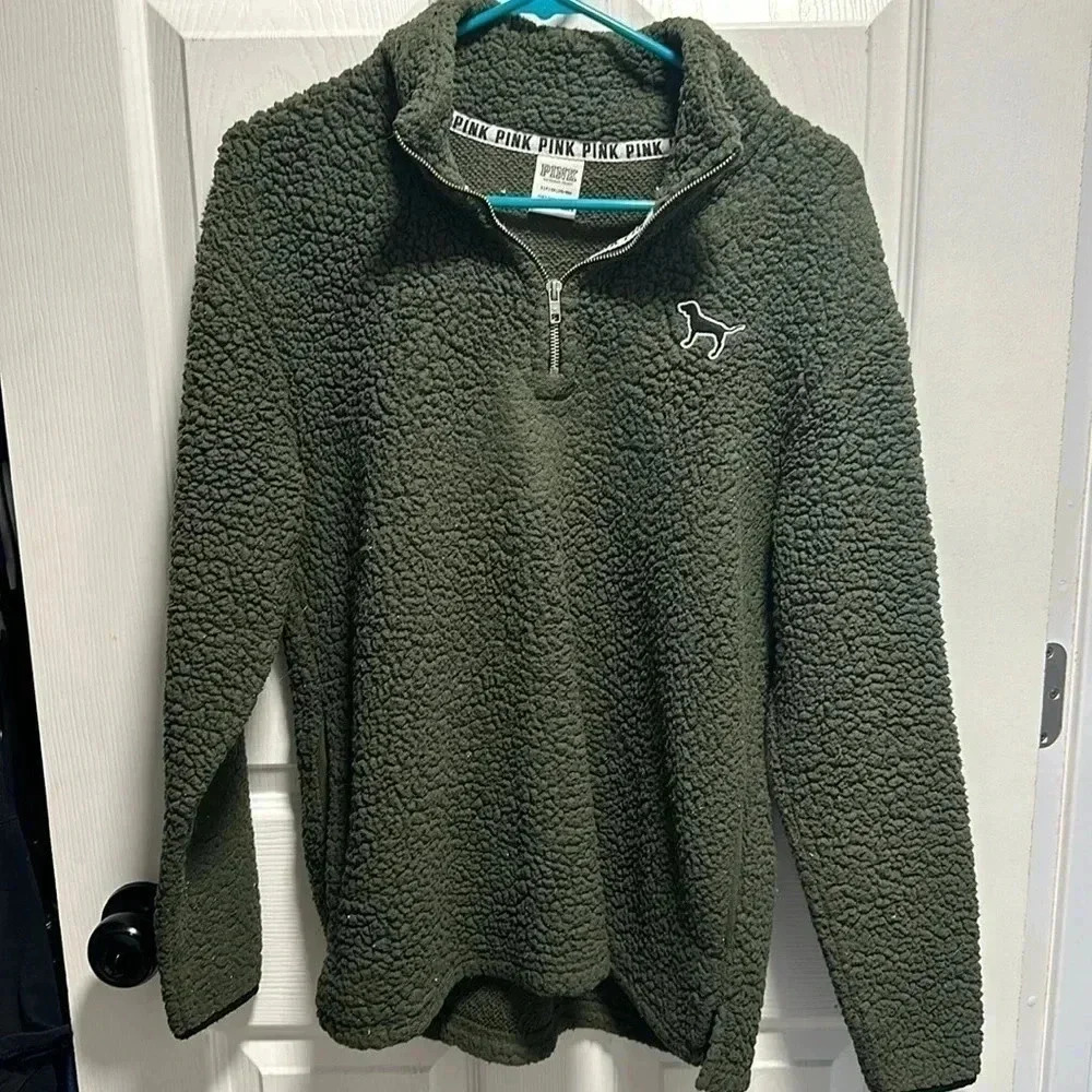 GREEN VICTORIAS SECRET PINK SHERPA PULLOVER - Picture 2 of 5